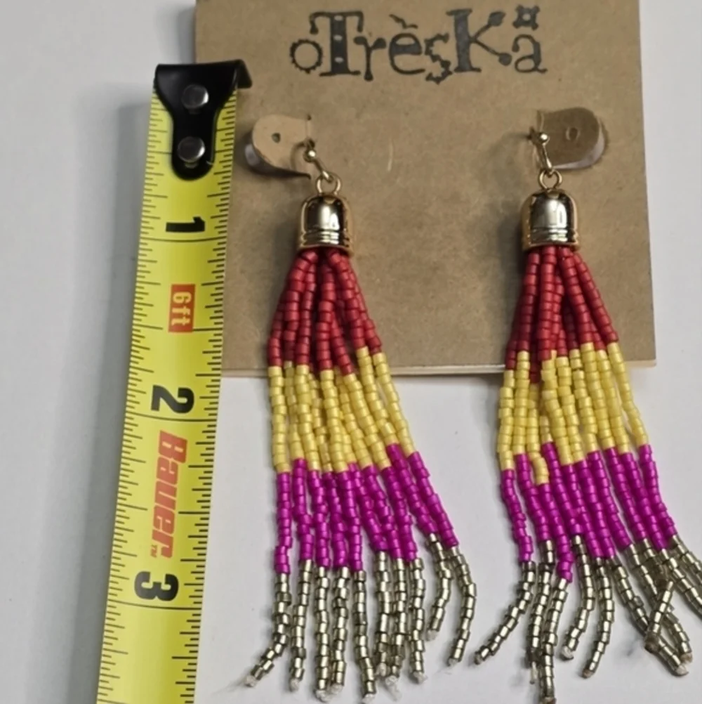 Treska Beaded Tassel Earrings‎ Red Yellow Pink Silver Fringe Drop Boho Statement